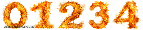 Set of numbers from 0-4 from fire on a white background.