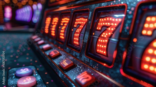 Close up of a slot machine showing three sevens, a winning combination. photo