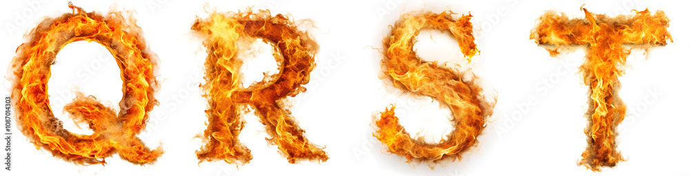 Set of letters from Q-T made of fire on a white background. Set of letters from Q-T made of fire on a white background.