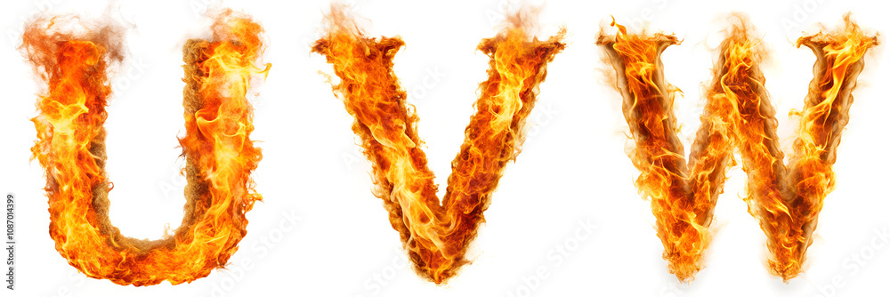 A set of letters from U-W made of fire on a white background.