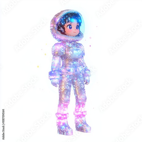 Pixelated Space Explorer NPC Female Character Model Gazing at Stars in 8 Bit Style on White Background