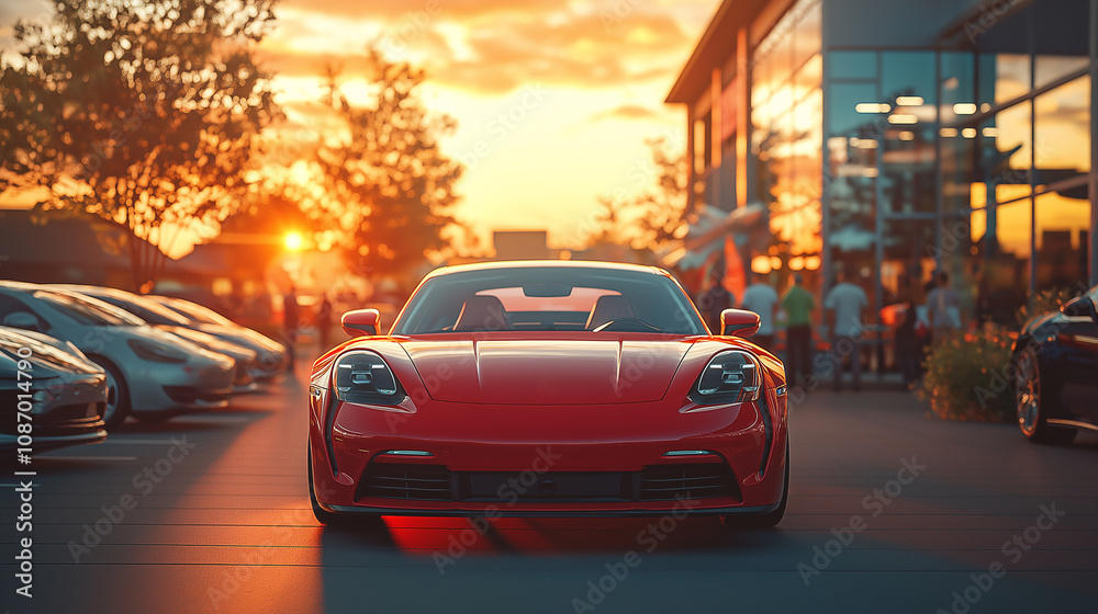 Red car in parking lot near luxury modern shopping mall with other cars Red car in parking lot near luxury modern shopping mall with other cars