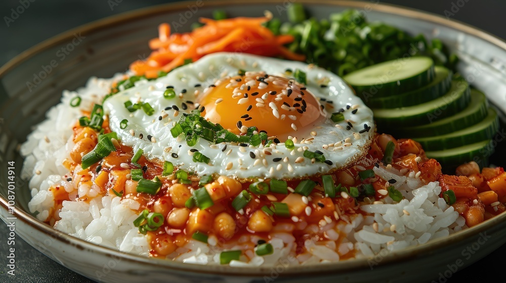 Close-up of a bowl of rice with a fried egg, chickpeas, carrots, cucumbers, and scallions. Close-up of a bowl of rice with a fried egg, chickpeas, carrots, cucumbers, and scallions.