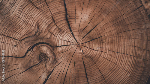 Close-up of a freshly cut teak tree surface showcasing growth rings and fine cracks, perfect for woodworking, forestry, or natural texture backgrounds in creative projects. 