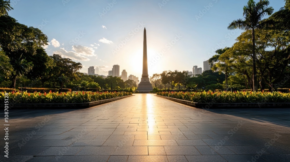 Fototapeta premium Wide-angle shot of the Jose Rizal Monument in Rizal Park, Manila, with clear skies and the iconic obelisk and statue standing tall against the backdrop of lush greenery