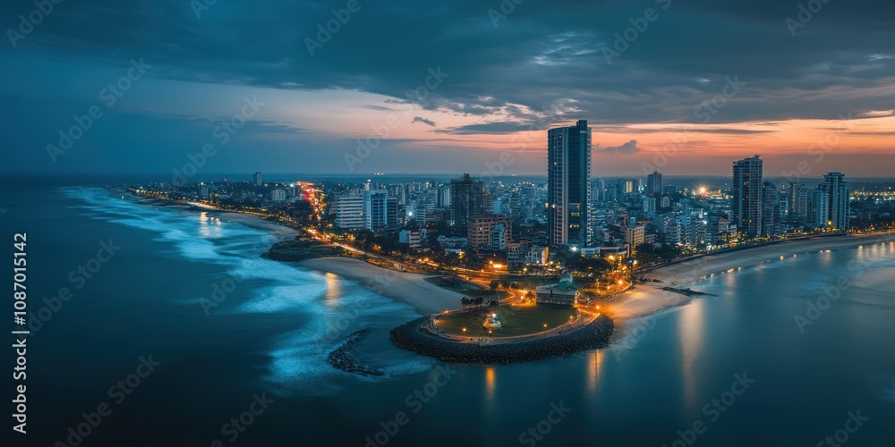 Naklejka premium This is an aerial view of a coastal city during twilight, with a vivid mix of colors in the sky transitioning from orange and pink to deep blue. The city is lit with warm, glowing