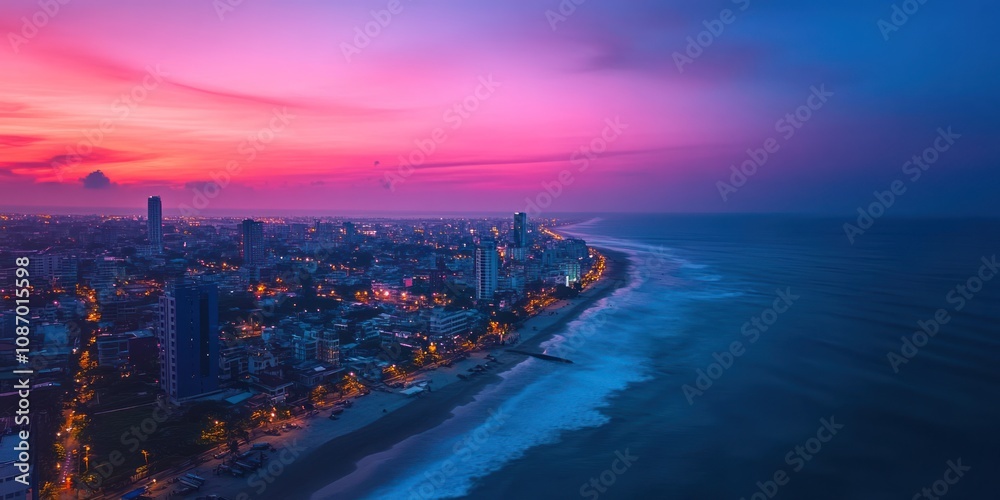 Fototapeta premium This is an aerial view of a coastal city during twilight, with a vivid mix of colors in the sky transitioning from orange and pink to deep blue. The city is lit with warm, glowing
