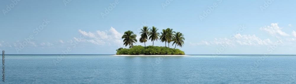 A tranquil island with palm trees surrounded by clear blue water under a bright sky.