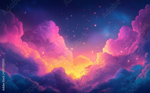 Colorful cartoon illustration of bright clouds in the night sky with stars, ethereal night sky, dreamy fantasy