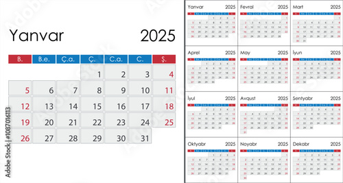 Calendar 2025 on Azerbaijani language, week start on Sunday