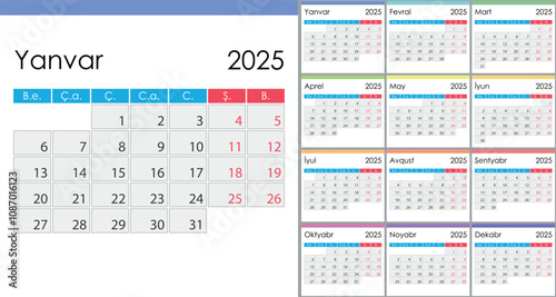 Calendar 2025 on Azerbaijani language, week start on Monday