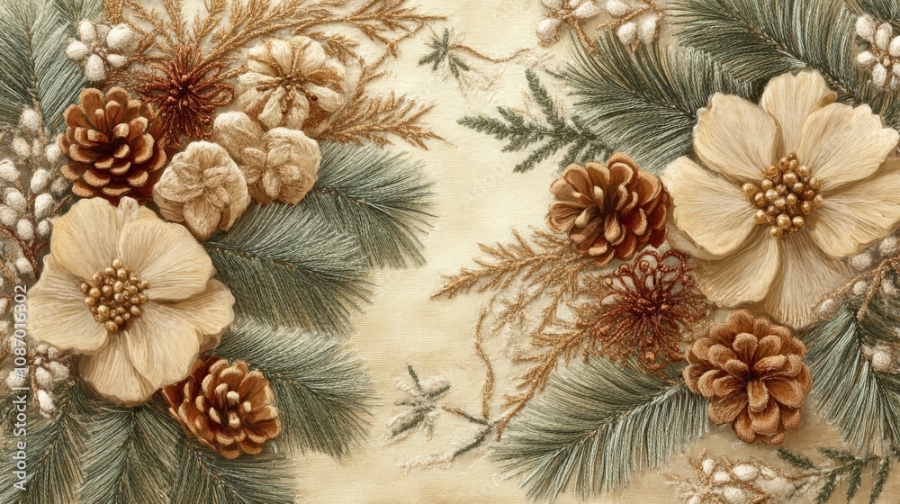 Intricate Christmas Embroidery with Pine Branches and Berries Intricate Christmas Embroidery with Pine Branches and Berries