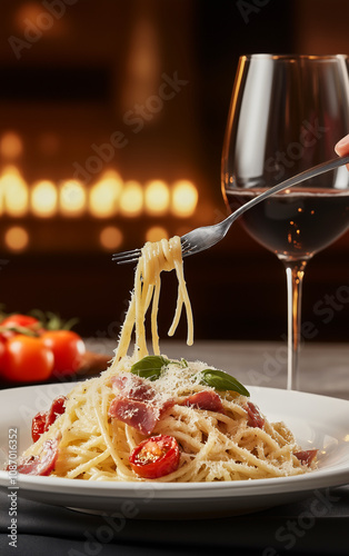 A plate of pasta carbonara with bacon and parmesan served inside a white ceramic plate on a wooden table with a glass of red wine in front of a burning fireplace