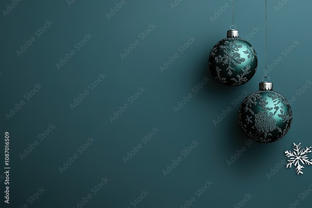 Stylish Christmas background with hanging teal green baubles and snowflakes on a dark blue backdrop Stylish Christmas background with hanging teal green baubles and snowflakes on a dark blue backdrop
