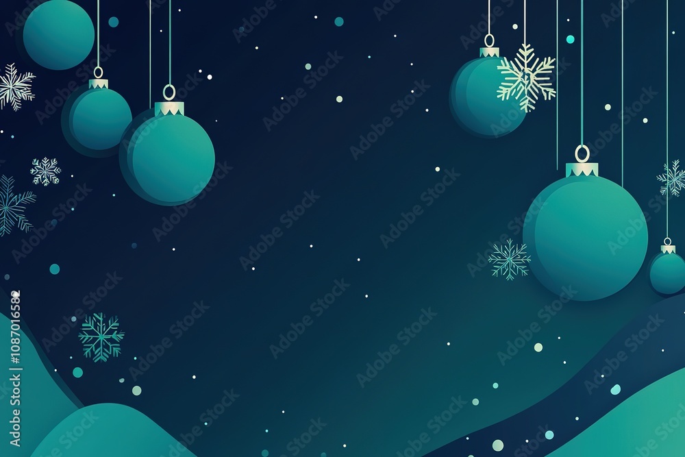 Stylish Christmas background with hanging teal green baubles and snowflakes on a dark blue backdrop Stylish Christmas background with hanging teal green baubles and snowflakes on a dark blue backdrop