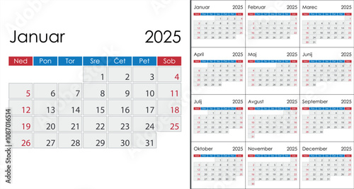 Calendar 2025 on Slovenian language, week start on Sunday