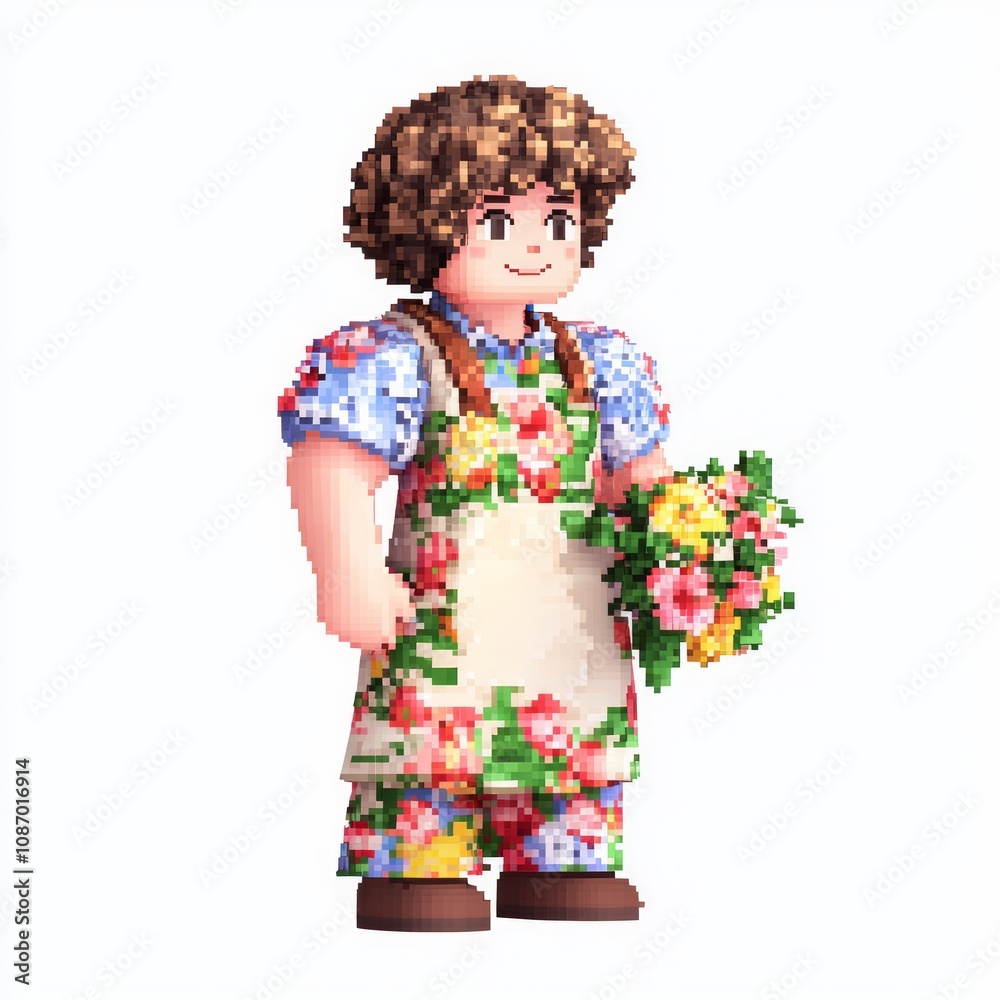 Pixelated Florist NPC Character Model with Curly Hair and Bouquet on White Background Pixelated Florist NPC Character Model with Curly Hair and Bouquet on White Background