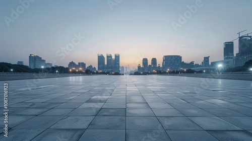 Empty square floor with city skyline background, Urban square with vibrant street art festival, colorful city scene