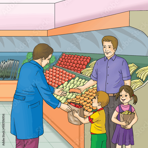 A father buying fruits and vegetables from the greengrocer with his children.