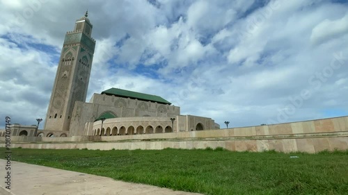 Low angle 4K video of The Hassan II Mosque largest mosque in Morocco.