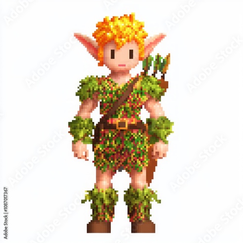 Playful 8-Bit Style Elf NPC Male Character Model with Vibrant Hair and Nature Attire on White Background photo