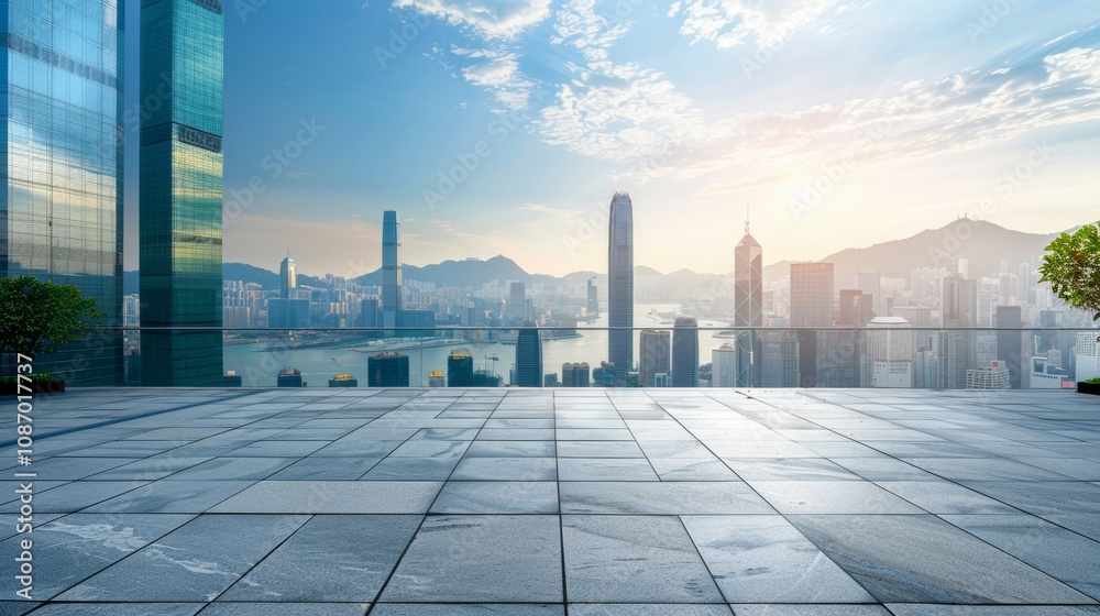 Fototapeta premium Empty square floor with city skyline background, City skyline with bustling financial district, dynamic urban landscape