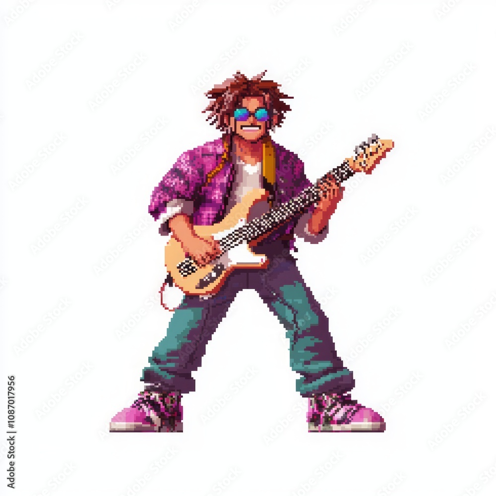 Pixelated Cool Musician NPC Male Character Model with Guitar and Stylish Attire on Isolated White Background Pixelated Cool Musician NPC Male Character Model with Guitar and Stylish Attire on Isolated White Background