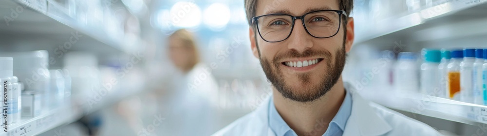 Handsome Pharmacist in a Clean Pharmacy, close-up of a professional pharmacist in a minimalist setting, emphasizing a friendly demeanor and dedication to healthcare. Handsome Pharmacist in a Clean Pharmacy, close-up of a professional pharmacist in a minimalist setting, emphasizing a friendly demeanor and dedication to healthcare.