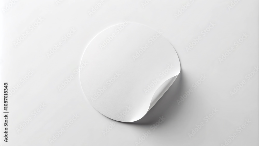 Realistic White Round Adhesive Sticker with Curved Edge on a Clean White Background for Product Labeling and Packaging Use, Featuring Ample Copy Space for Customization Realistic White Round Adhesive Sticker with Curved Edge on a Clean White Background for Product Labeling and Packaging Use, Featuring Ample Copy Space for Customization