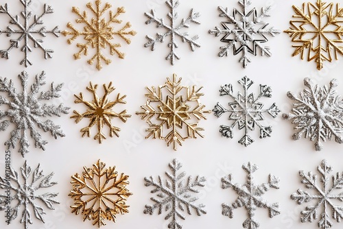 Design an elegant pattern featuring snowflakes in shades of gold and silver, arranged along the top or bottom edge on a white background