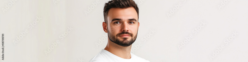 Young man with beard posing confidently in a light studio setting, showcasing modern fashion and style choices. Generative AI Young man with beard posing confidently in a light studio setting, showcasing modern fashion and style choices. Generative AI