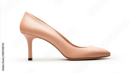 Elegant nude high heel shoe with sleek design and pointed toe. Perfect for formal occasions and stylish outfits, on white background.