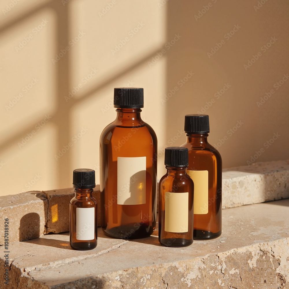 Amber Glass Bottles in Sunlit Minimalist Setting Amber Glass Bottles in Sunlit Minimalist Setting