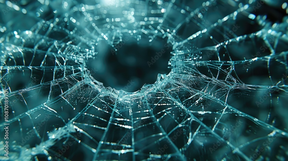 Close-up of a shattered window with a circular hole in the center, radiating cracks. Close-up of a shattered window with a circular hole in the center, radiating cracks.
