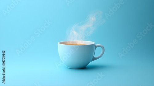 Chic Minimalist Coffee Cup Outline Design with Glowing Effect on Light Blue Background: Ideal for Contemporary Art and Coffee Culture