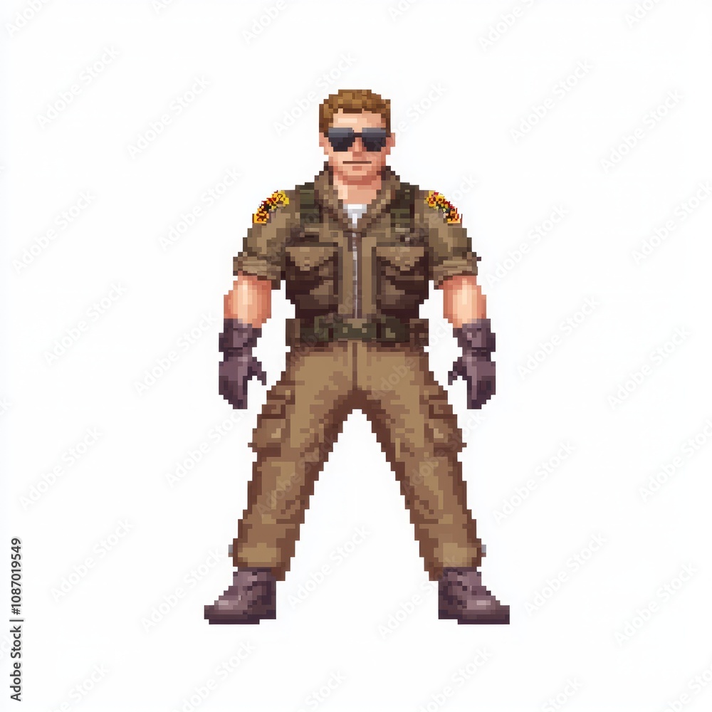 Retro 8-Bit Pilot NPC Character Model in Flight Suit with Aviator Sunglasses on White Background Retro 8-Bit Pilot NPC Character Model in Flight Suit with Aviator Sunglasses on White Background
