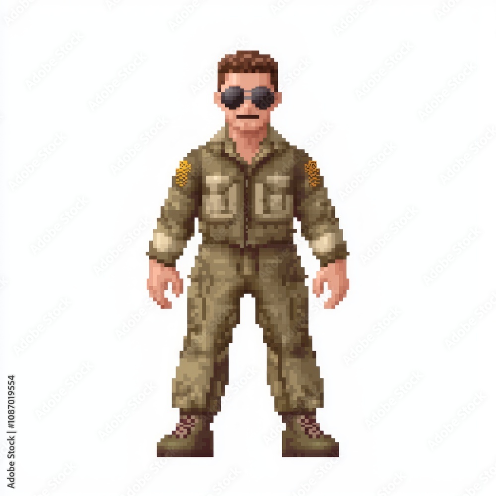 Retro 8-Bit Pilot NPC Male Character Model in Flight Suit with Aviator Sunglasses on White Background