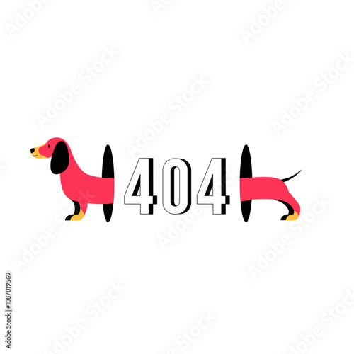 Dog Passing Through Large Number 404 In Flat Vector Illustration Symbolizing Website Error, Creativity, And Fun, Isolated On White Background