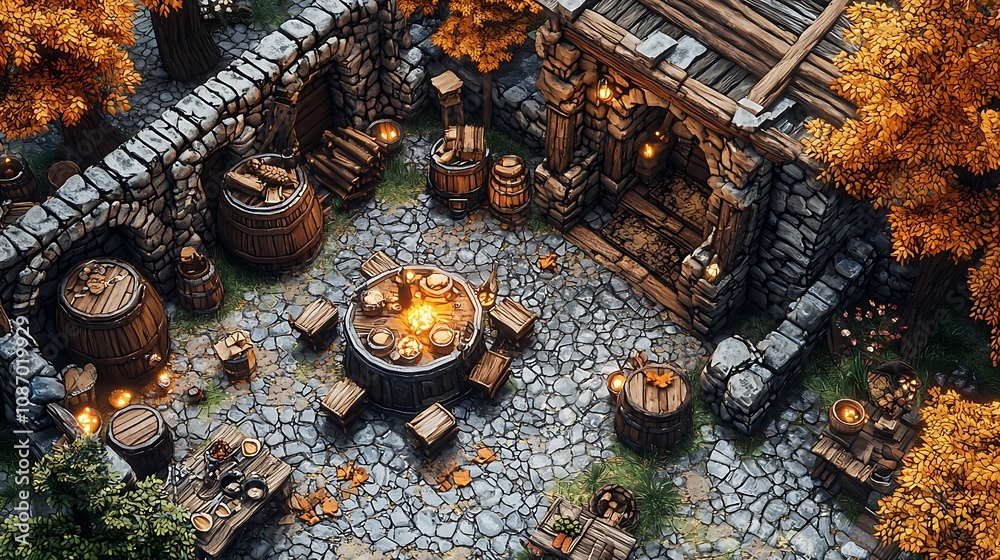 Fantasy Tavern Courtyard Autumnal Gathering. A bird's-eye view of a cozy medieval-style tavern courtyard with a bonfire, wooden barrels, and autumn foliage. Fantasy Tavern Courtyard Autumnal Gathering. A bird's-eye view of a cozy medieval-style tavern courtyard with a bonfire, wooden barrels, and autumn foliage.