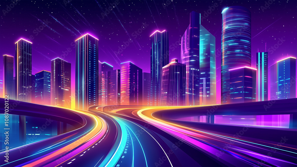 Fototapeta premium 未来都市のネオンライトと光の軌跡