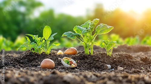 Close up view of decomposing food waste in a community compost pile illuminated by soft golden hour light