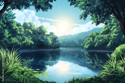 vector background of forest, jungle with waterfall for nature cover for banner, poster  illustration, nature, vector, background, hill, sky, mountain, tree, environment, horizon, summer, blue, forest