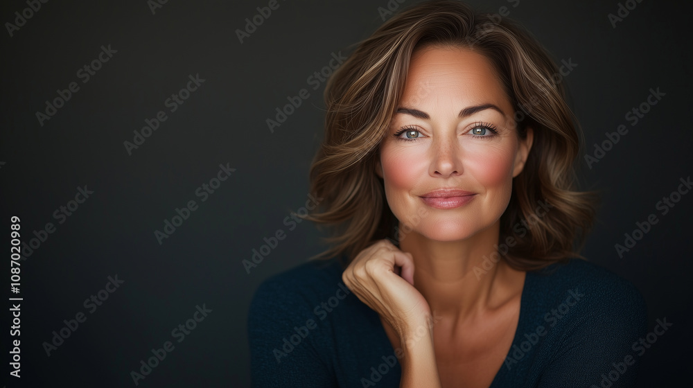 confident woman with wavy hair and warm smile, showcasing natural beauty and elegance. Her relaxed pose and soft expression convey sense of calm and approachability. confident woman with wavy hair and warm smile, showcasing natural beauty and elegance. Her relaxed pose and soft expression convey sense of calm and approachability.