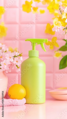 Bright kitchen cleaning theme with lemon, spring flowers, and pink tiled background for home decor design