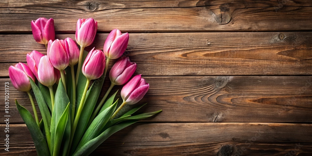 Fresh Pink Tulip Flowers on Wooden Table - Top View with Copy Space for Elegant Spring Decor and Floral Arrangements Fresh Pink Tulip Flowers on Wooden Table - Top View with Copy Space for Elegant Spring Decor and Floral Arrangements