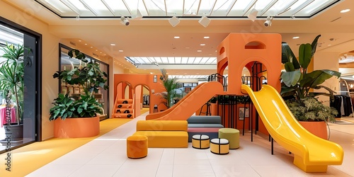 Recreation area in shopping center with colorful playground equipment.