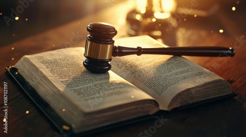 A gavel positioned on an open constitution book on a wooden desk, with warm lighting creating a professional atmosphere.
