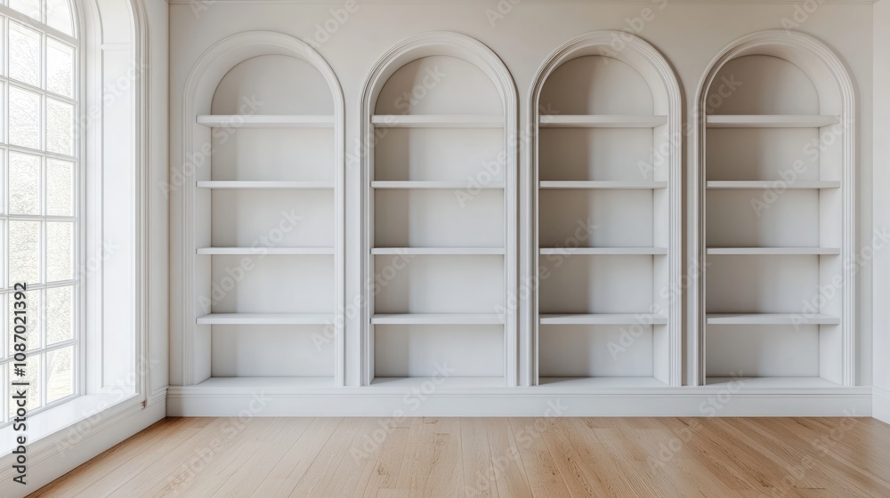 White Arched Bookshelves in a Contemporary Interior White Arched Bookshelves in a Contemporary Interior
