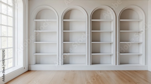 White Arched Bookshelves in a Contemporary Interior