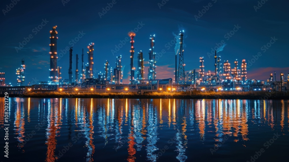 Night view of an oil refinery or petrochemical plant with lights reflecting in the water. Concept of industry, energy, fuel, pollution, and manufacturing.
